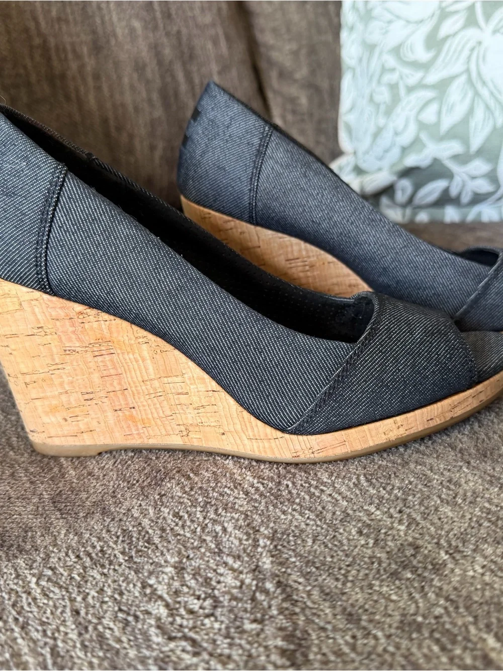 TOMS Denim Canvas Peep-Toe Wedge Espadrilles